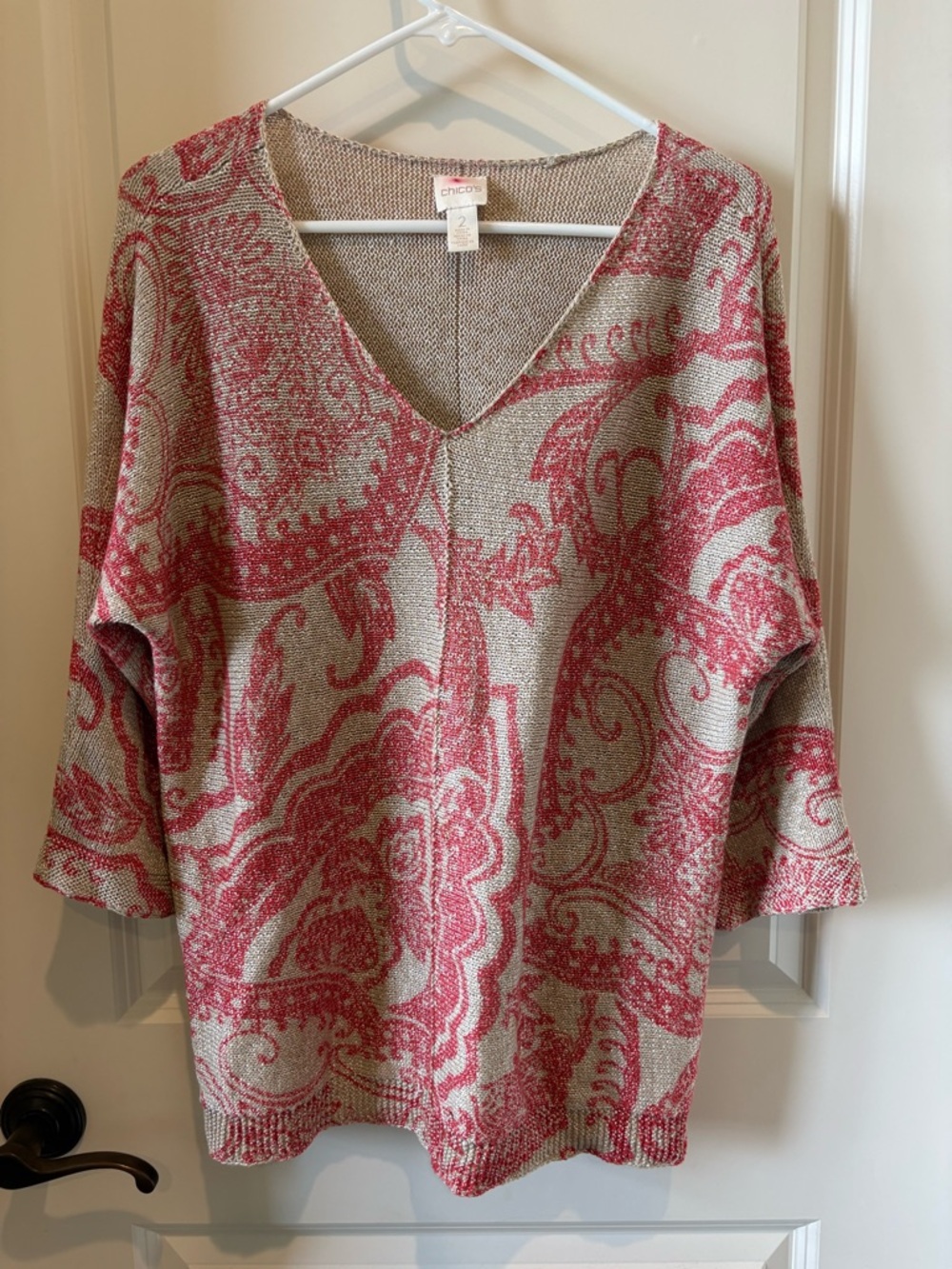 Chico's Metallic Knit Tunic in Beige with Pink Accents